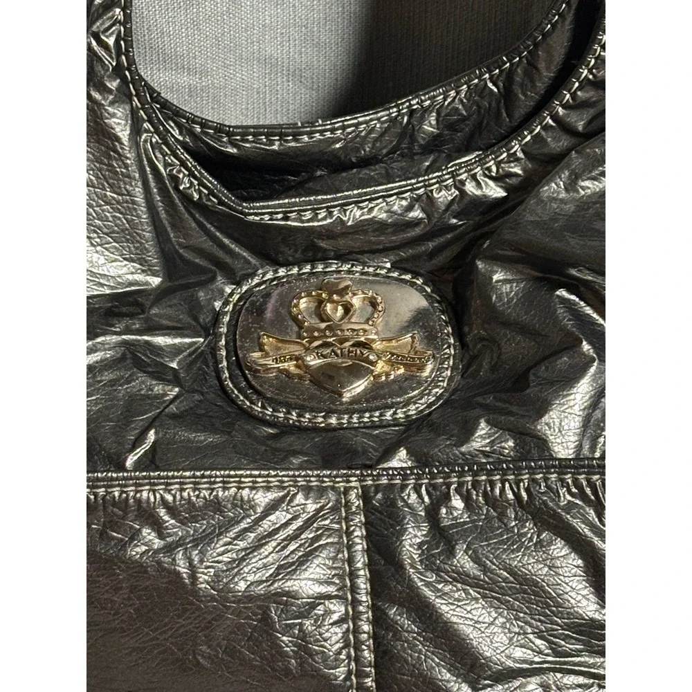 Kathy Van Zeeland Metallic Pewter Crinkle Hobo Bag Crowned Heart Y2K Style 90s